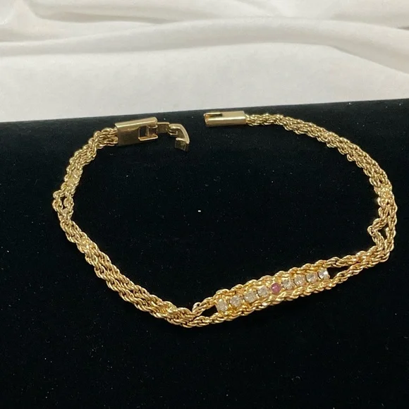 Vintage Metal Double Chain Alexis Bracelet with CZs & Ruby Stone - Picture 1 of 5